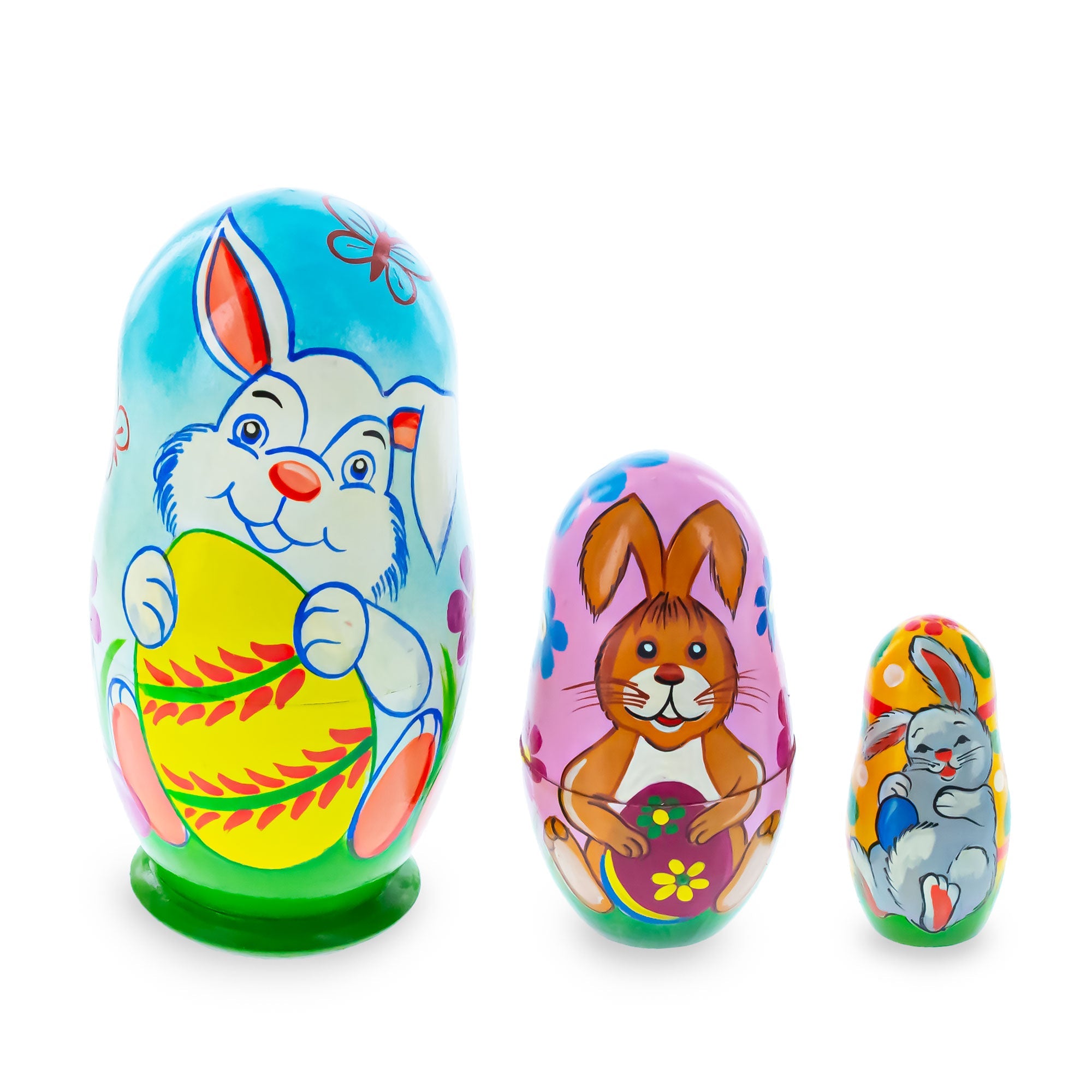 Set of 3 Bunnies and Easter Eggs Wooden Nesting Dolls 4.25 Inches BestPysanky