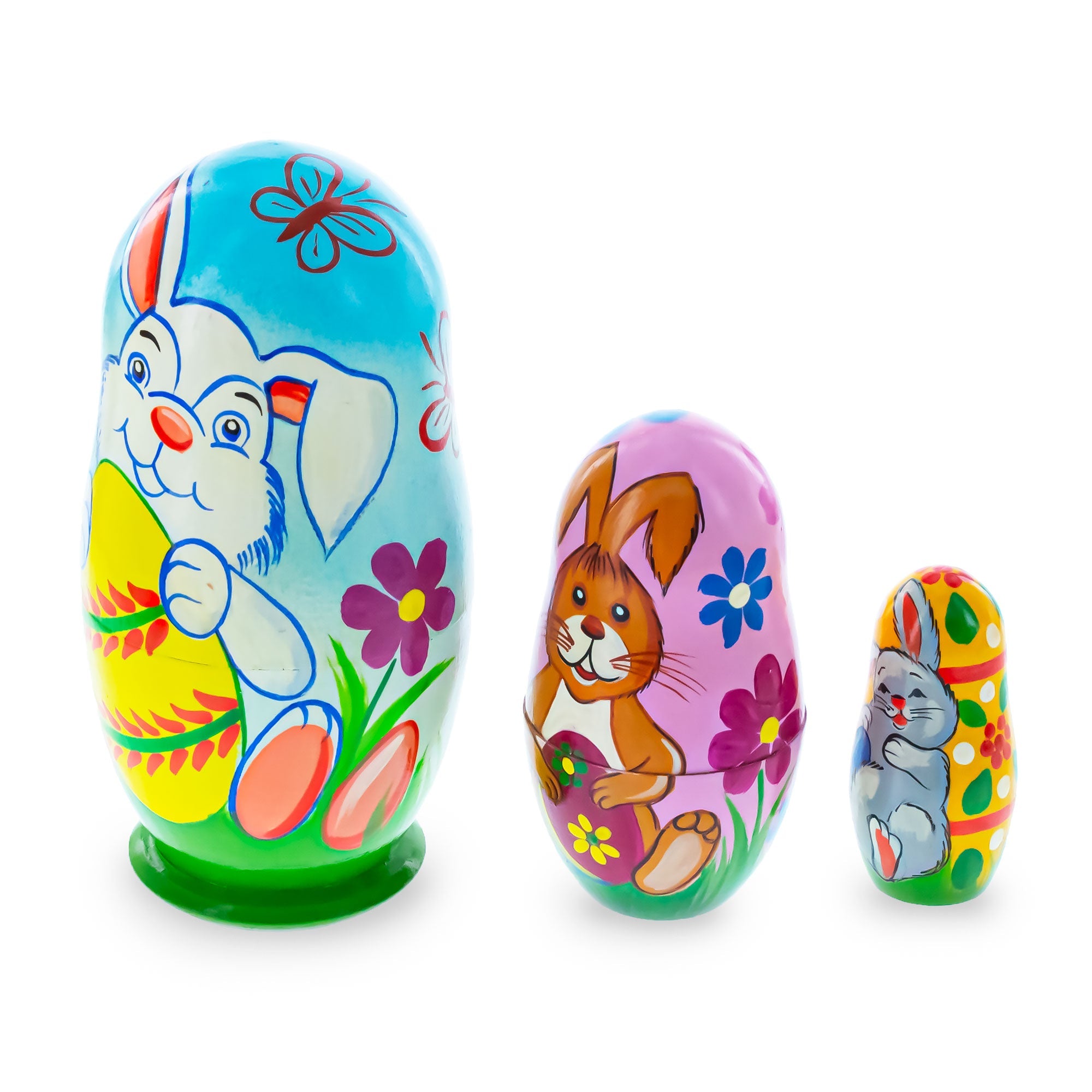Set of 3 Bunnies and Easter Eggs Wooden Nesting Dolls 4.25 Inches BestPysanky