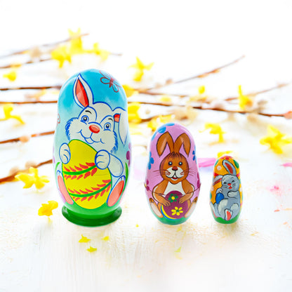 Set of 3 Bunnies and Easter Eggs Wooden Nesting Dolls 4.25 Inches BestPysanky