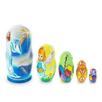 Set of 5 Jesus Christ Rising, Angel and Easter Eggs Wooden Nesting Dolls 6 Inches BestPysanky