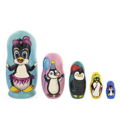 Set of 5 Penguins Wooden Nesting Dolls 6 Inches