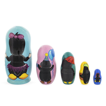 Set of 5 Penguins Wooden Nesting Dolls 6 Inches