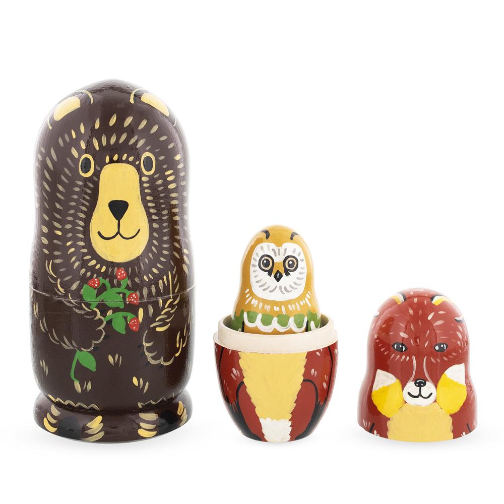 Set of 5 Bear, Fox, Owl, Bunny & Otter Wooden Nesting Dolls 6 Inches