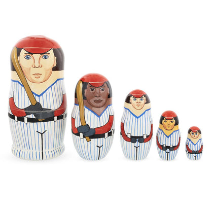 Set of 5 Baseball Wooden Nesting Dolls 6 Inches
