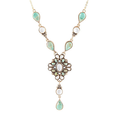 White Mother of Pearl and Blue Turquoise Golden Barcelona Y-Necklace Barse Jewelry