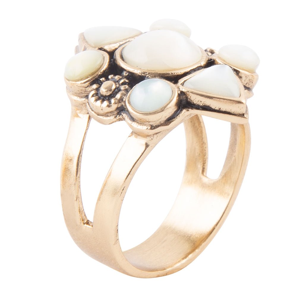 White Mother of Pearl Golden Statement Ring Barse Jewelry