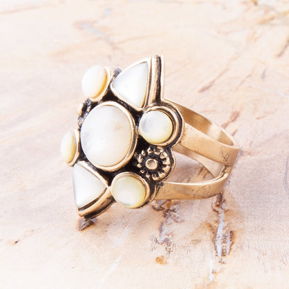 White Mother of Pearl Golden Statement Ring Barse Jewelry