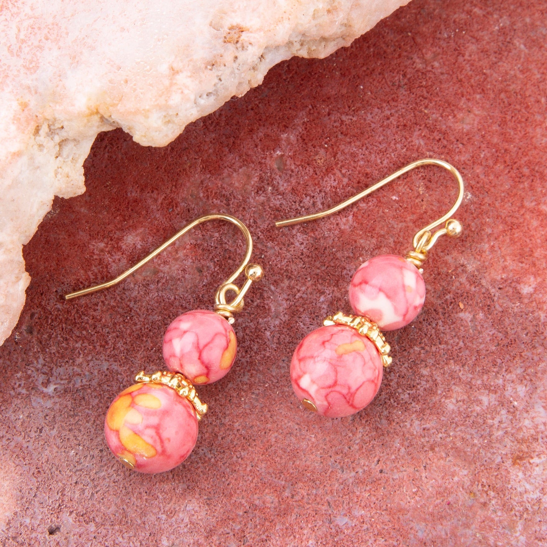 Mottled Pink Jade Golden Drop Earrings Barse Jewelry
