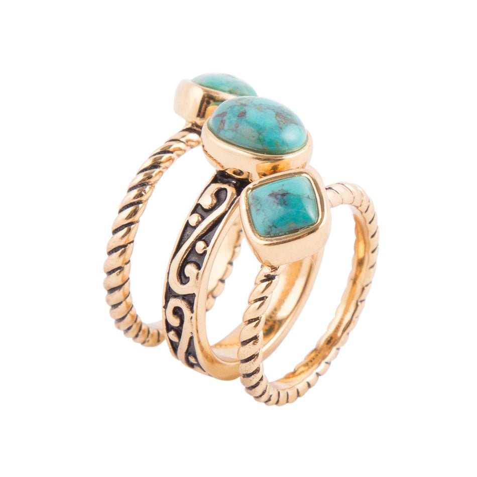 Multi-Shape Blue Turquoise and Golden Trio Ring Set Barse Jewelry