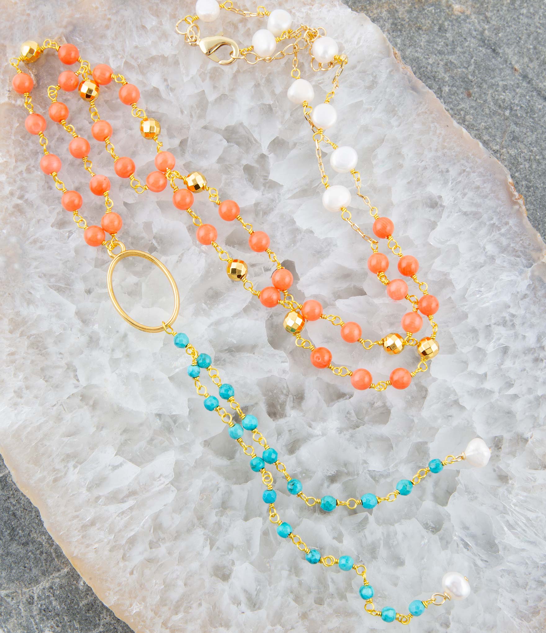 Multi Stone Orange Coral Golden Y-Neck Barse Jewelry