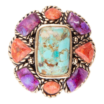 Blue Turquoise Colorful Floral Golden Ring Barse Jewelry