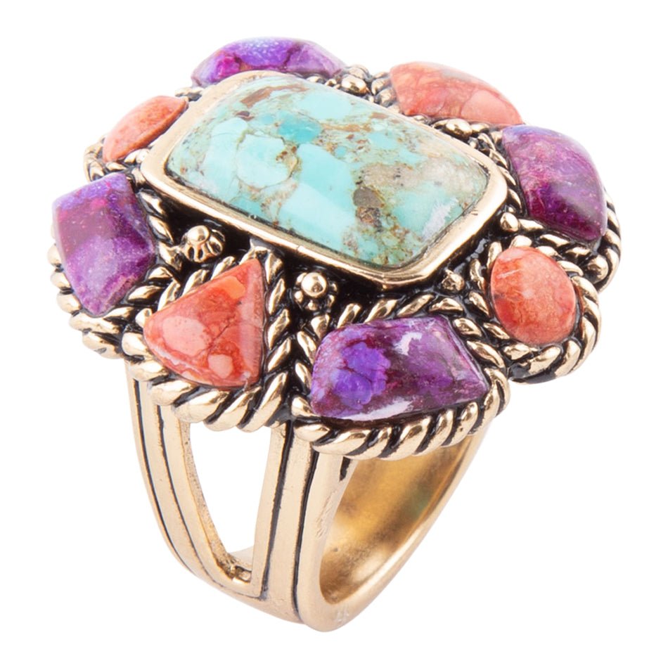 Blue Turquoise Colorful Floral Golden Ring Barse Jewelry
