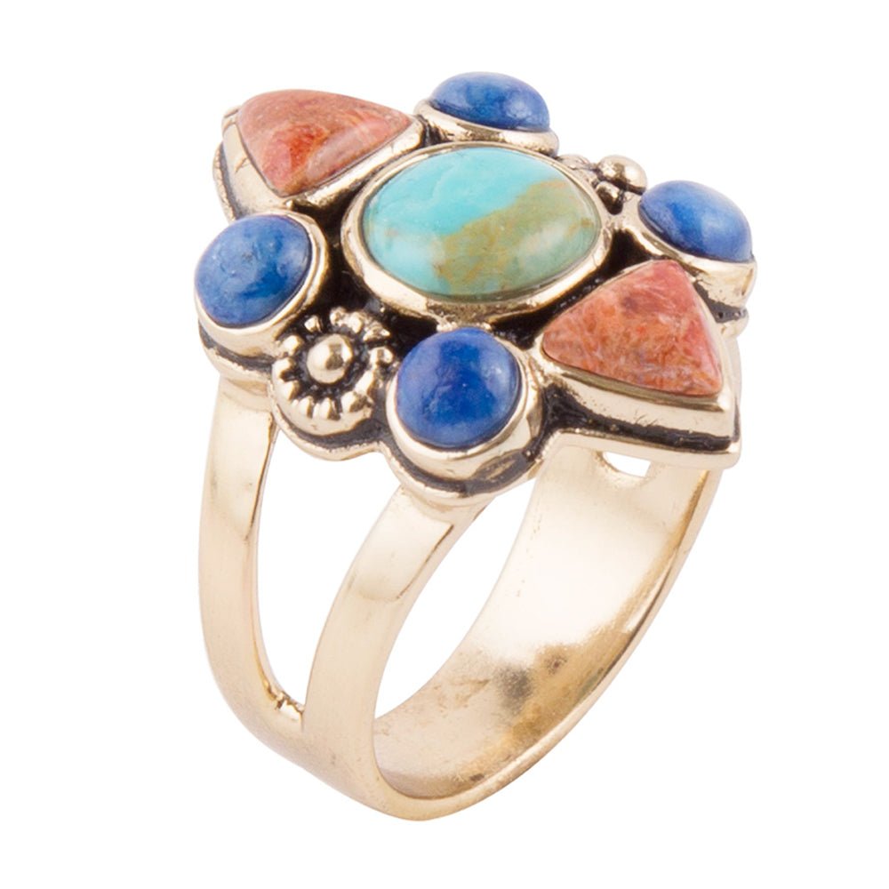 Blue Turquoise and Colorful Multi-Stone Golden Statement Ring Barse Jewelry