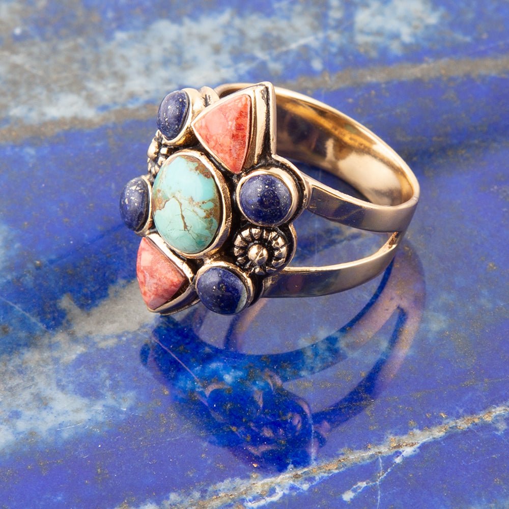 Blue Turquoise and Colorful Multi-Stone Golden Statement Ring Barse Jewelry