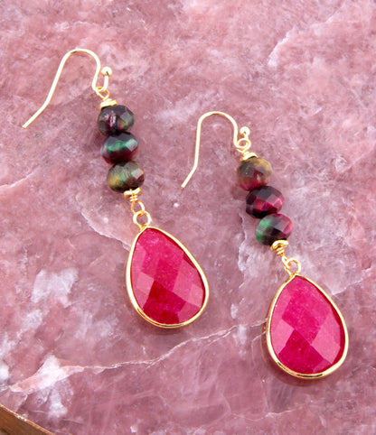 Jeweled Multicolor Tiger's Eye and Pink Agate Golden Drop Earrings Barse Jewelry