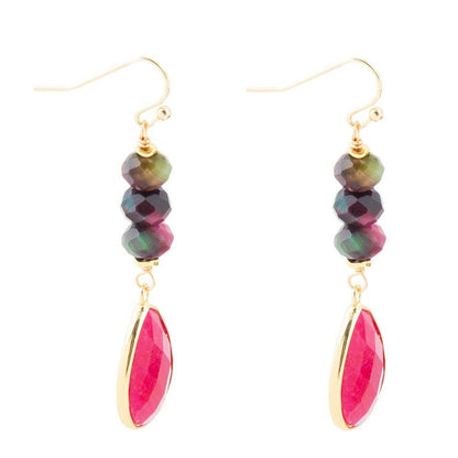 Jeweled Multicolor Tiger's Eye and Pink Agate Golden Drop Earrings Barse Jewelry