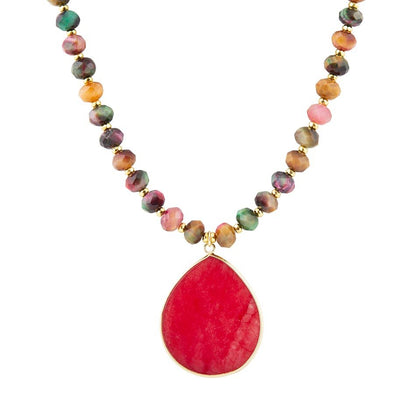 Jeweled Multicolor Tiger's Eye and Pink Jade Pendant Golden Necklace Barse Jewelry