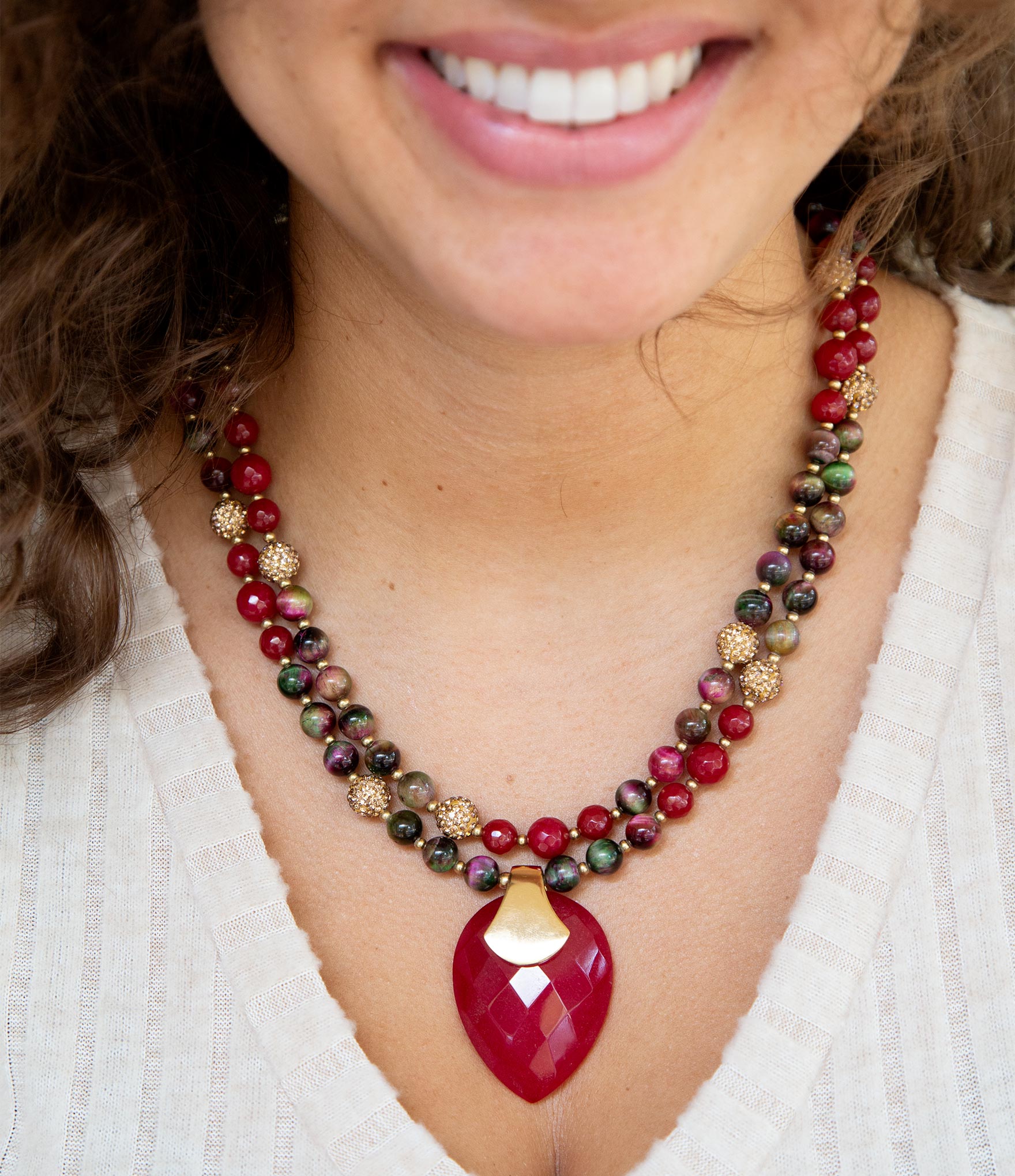 Jeweled Multi-Color Tiger's Eye and Rasberry Quartz Pendant Golden Necklace Barse Jewelry