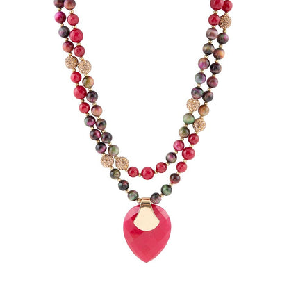 Jeweled Multi-Color Tiger's Eye and Rasberry Quartz Pendant Golden Necklace Barse Jewelry