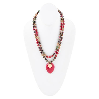 Jeweled Multi-Color Tiger's Eye and Rasberry Quartz Pendant Golden Necklace Barse Jewelry