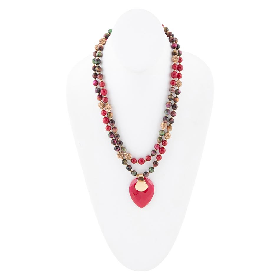 Jeweled Multi-Color Tiger's Eye and Rasberry Quartz Pendant Golden Necklace Barse Jewelry