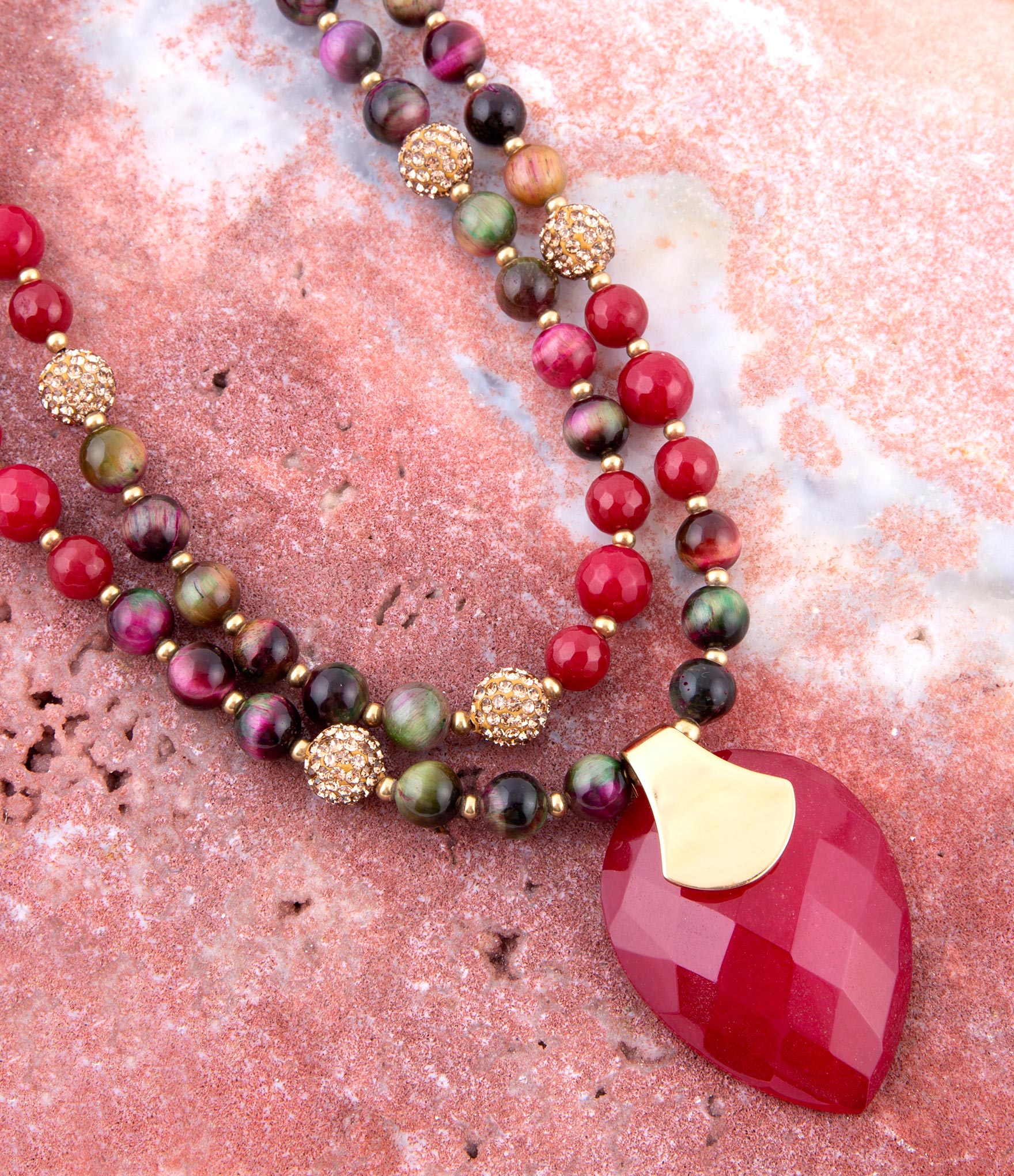 Jeweled Multi-Color Tiger's Eye and Rasberry Quartz Pendant Golden Necklace Barse Jewelry