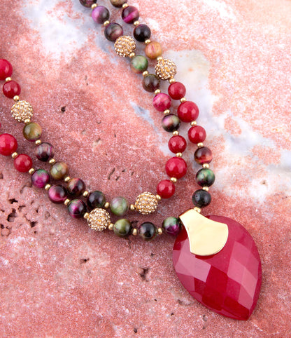 Jeweled Multi-Color Tiger's Eye and Rasberry Quartz Pendant Golden Necklace Barse Jewelry