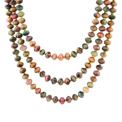 Jeweled Multi-Color Tiger's Eye Triple Strand Golden Necklace Barse Jewelry