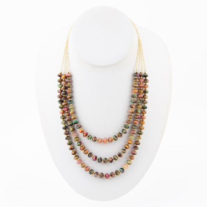 Jeweled Multi-Color Tiger's Eye Triple Strand Golden Necklace Barse Jewelry