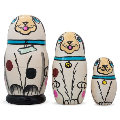 3 White Dog with Bone Collar Wooden Nesting Dolls Matryoshka 4.25 Inches