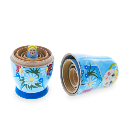 5 Girls with Daisy Flowers & Blue Skirt Wooden Nesting Dolls 6 Inches