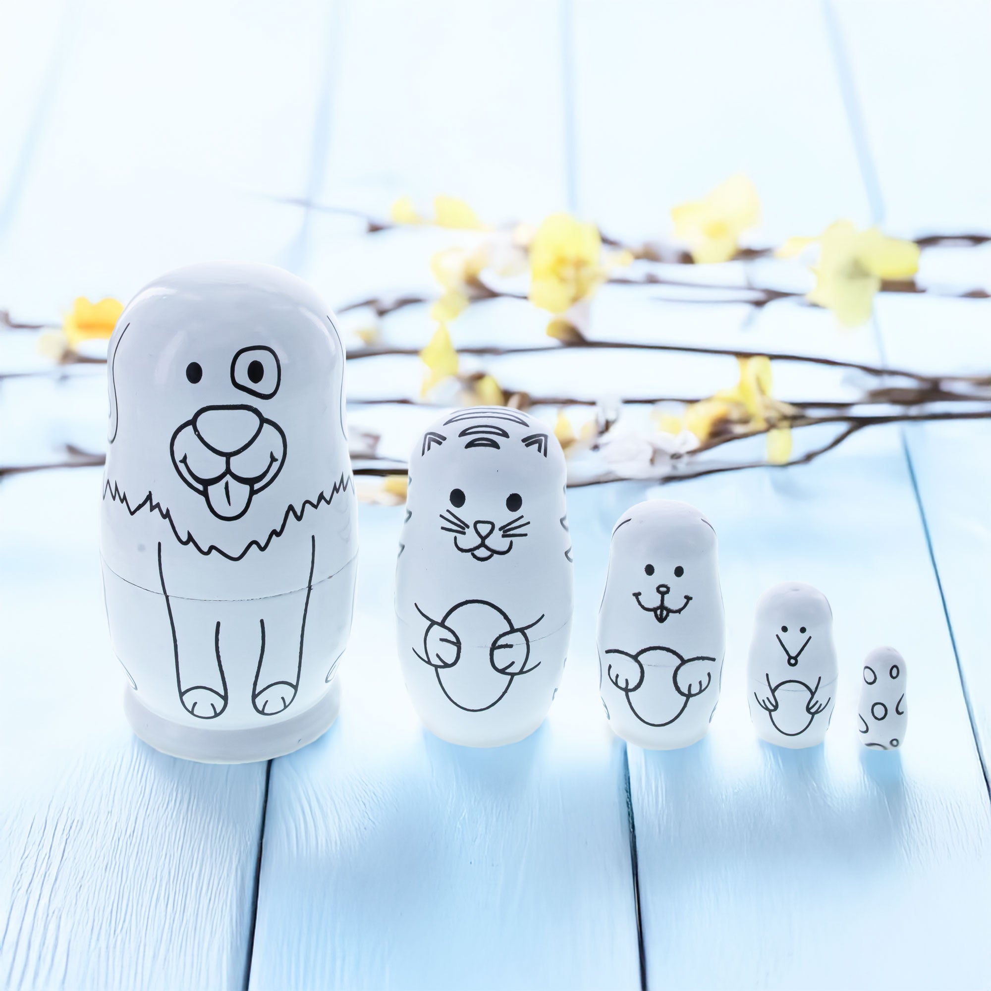 5 Unpainted Animals Wooden Nesting Dolls Matryoshka 4.75 Inches