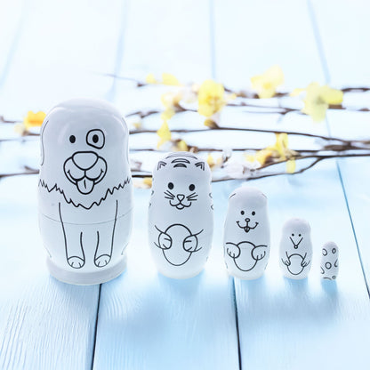 5 Unpainted Animals Wooden Nesting Dolls Matryoshka 4.75 Inches
