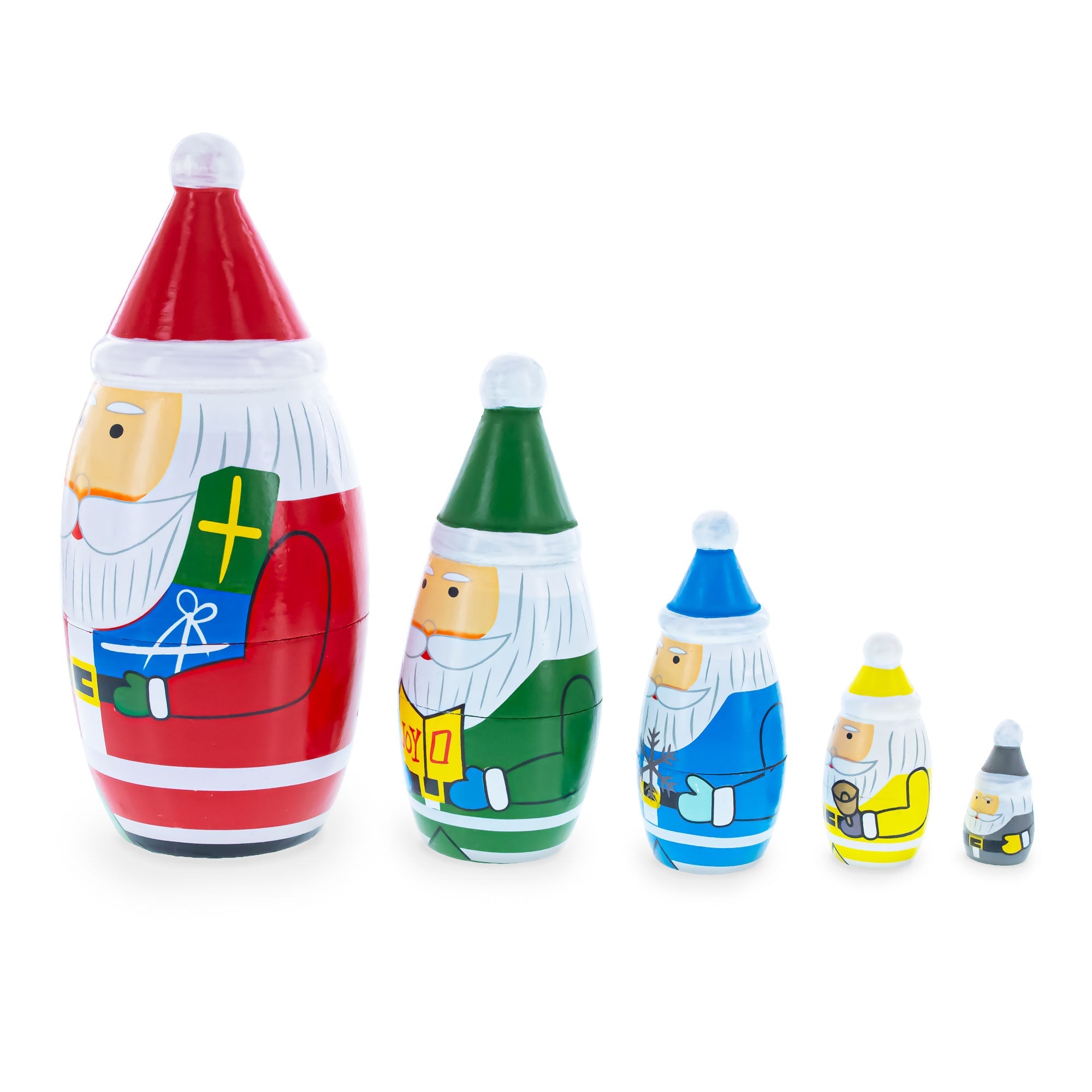 Set of 5 Multicolor Santa with Christmas Gifts Wooden Nesting Dolls 5.5 Inches