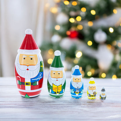 Set of 5 Multicolor Santa with Christmas Gifts Wooden Nesting Dolls 5.5 Inches