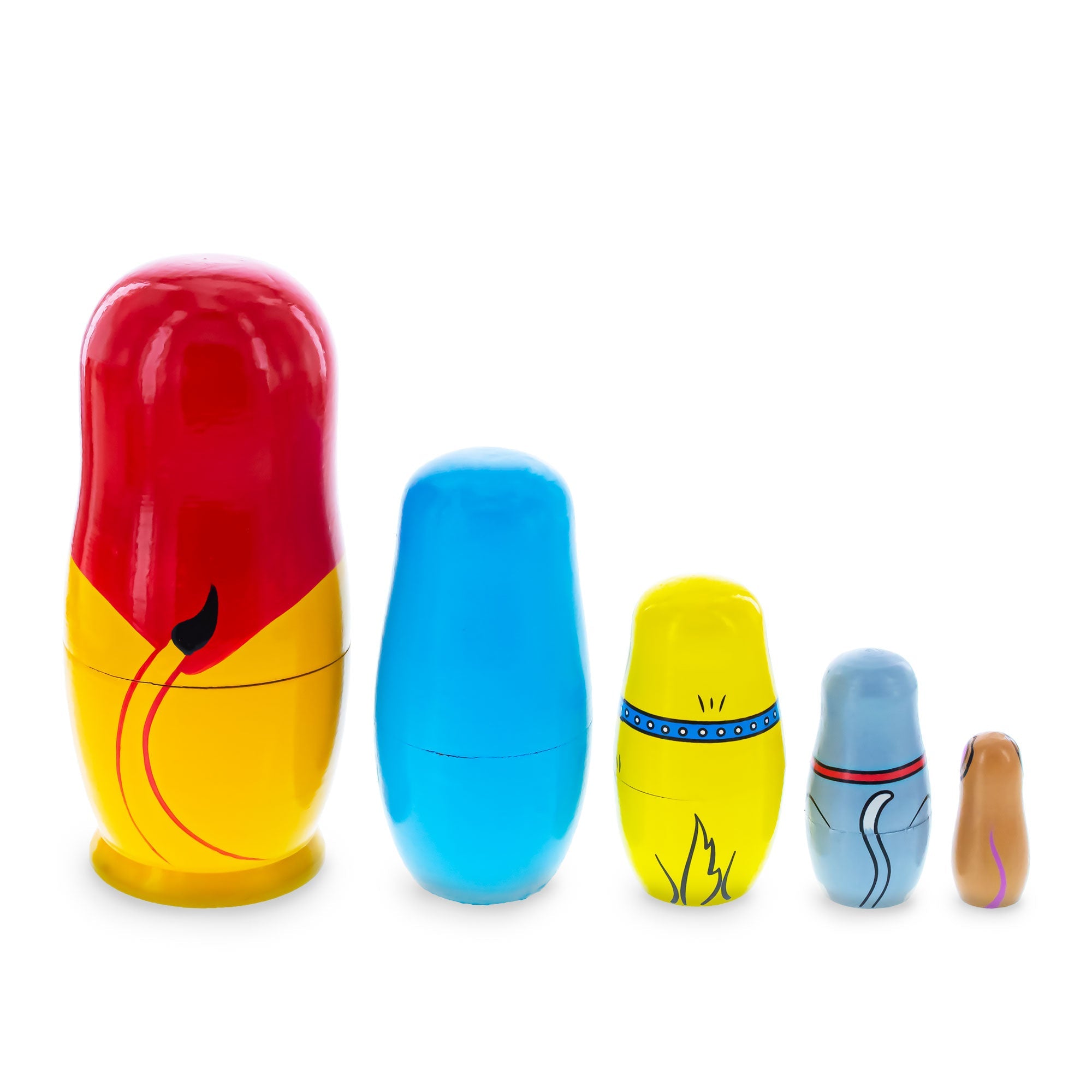 5 Animals Lion, Elephant, Dog & Cat Wooden Nesting Dolls 5.75 Inches