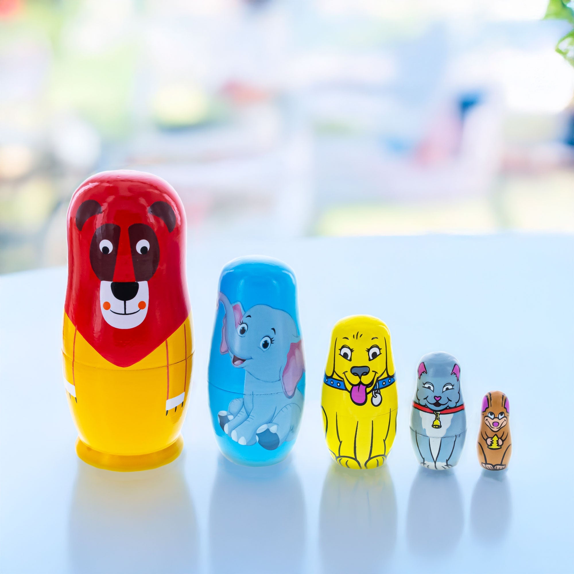 5 Animals Lion, Elephant, Dog & Cat Wooden Nesting Dolls 5.75 Inches