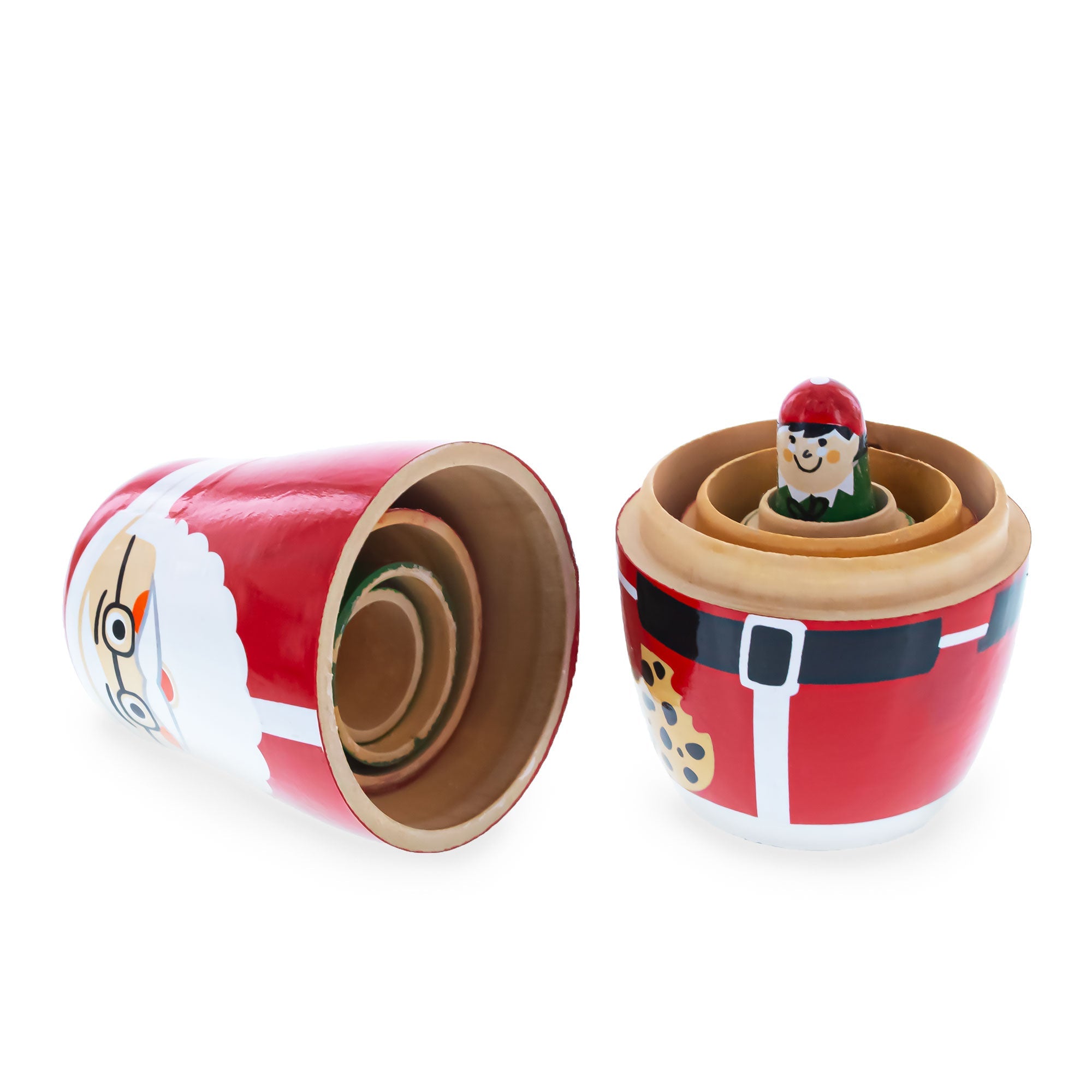 Set of 5 Santa, Mrs. Claus, Elf & Snowman Wooden Nesting Dolls 4.75 Inches