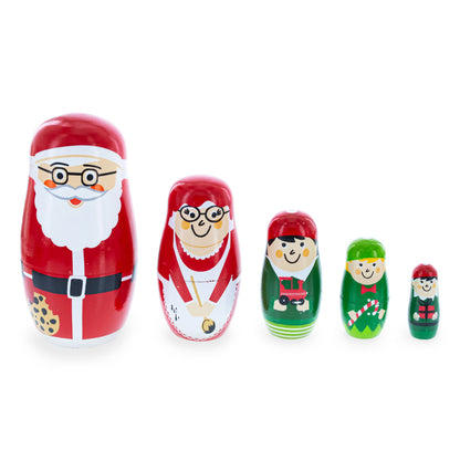 Set of 5 Santa, Mrs. Claus, Elf & Snowman Wooden Nesting Dolls 4.75 Inches