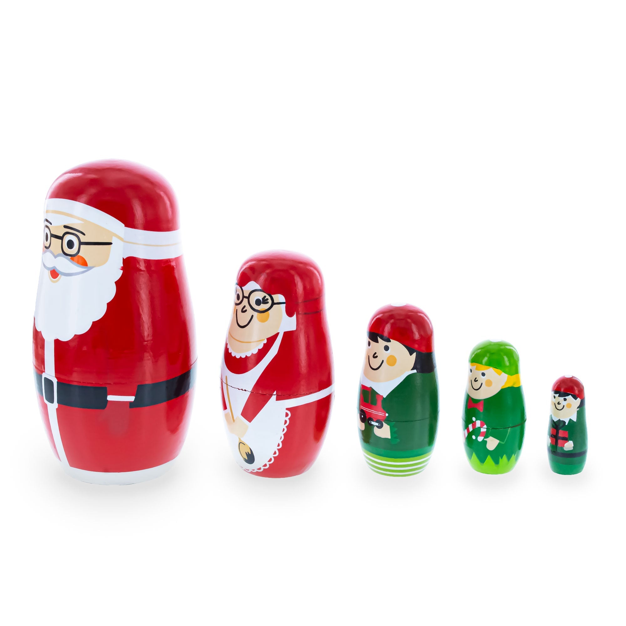 Set of 5 Santa, Mrs. Claus, Elf & Snowman Wooden Nesting Dolls 4.75 Inches