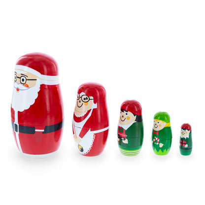 Set of 5 Santa, Mrs. Claus, Elf & Snowman Wooden Nesting Dolls 4.75 Inches
