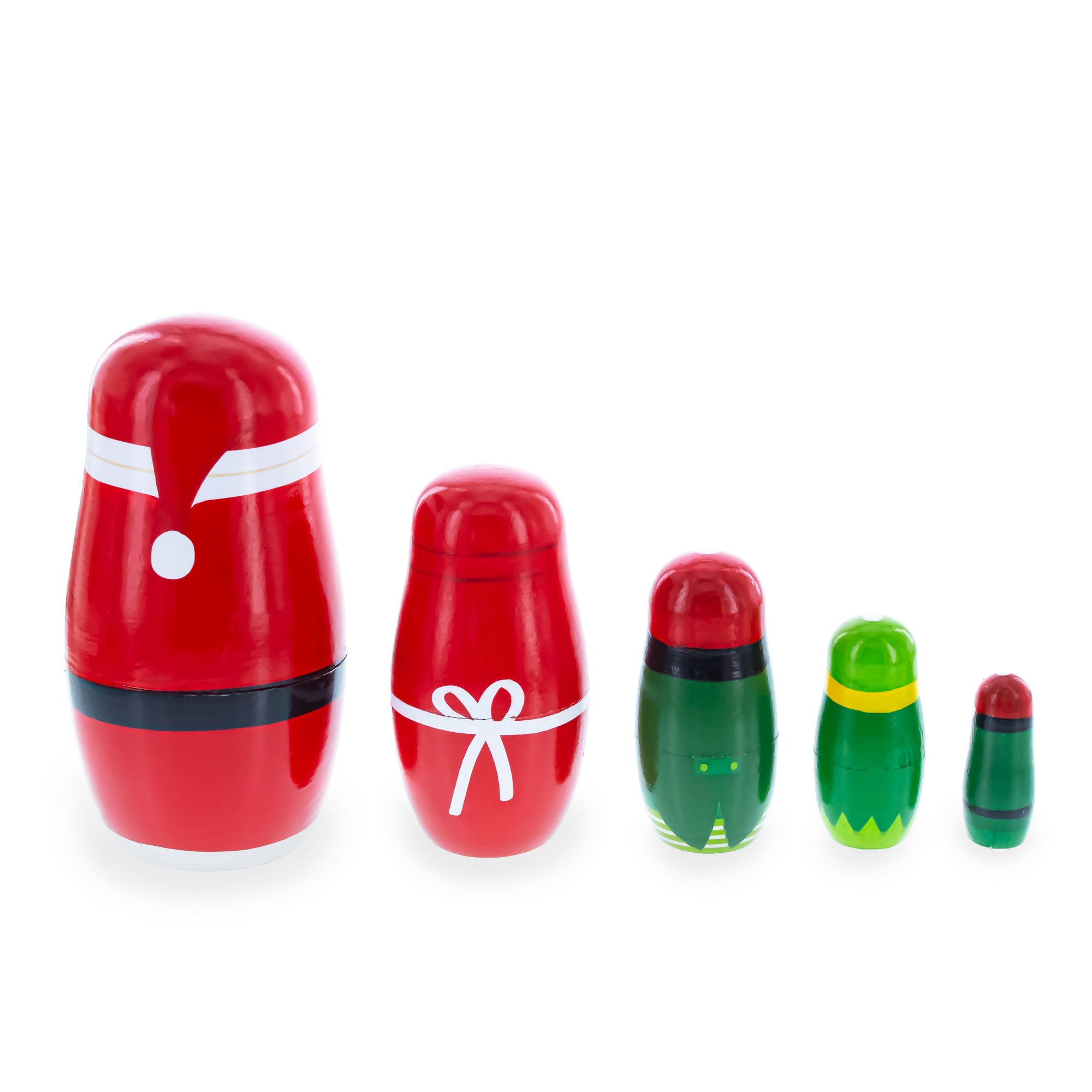 Set of 5 Santa, Mrs. Claus, Elf & Snowman Wooden Nesting Dolls 4.75 Inches