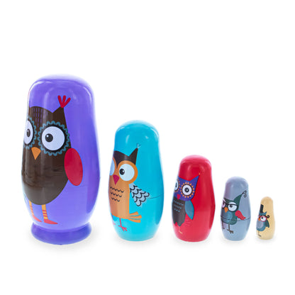 Set of 5 Wise Owls Family Wooden Nesting Dolls 5.75 Inches BestPysanky
