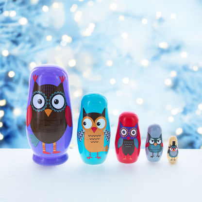 Set of 5 Wise Owls Family Wooden Nesting Dolls 5.75 Inches BestPysanky