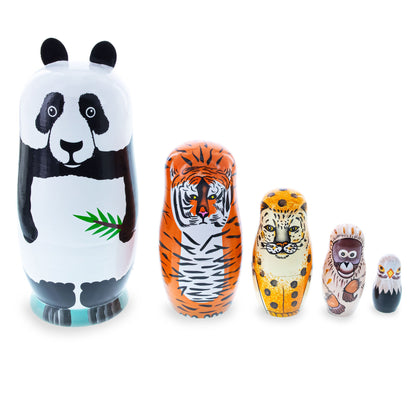 Panda, Tiger, Leopard, Monkey, Eagle Wooden Nesting Dolls