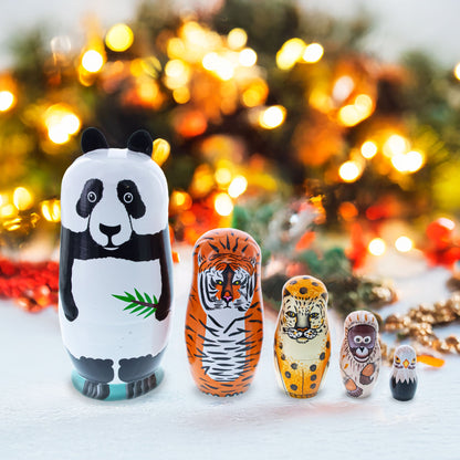 Panda, Tiger, Leopard, Monkey, Eagle Wooden Nesting Dolls
