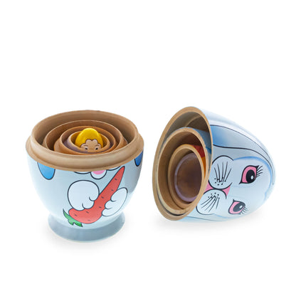 5 Bunny, Duck, Rooster, Hen & Chick Egg Shape Wooden Nesting Dolls 5 Inches