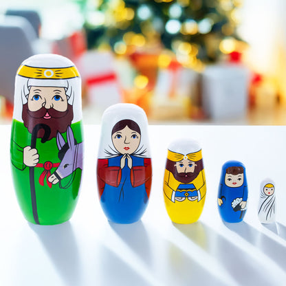 Set of 5 Nativity Scene Wooden Nesting Dolls 5.75 Inches BestPysanky
