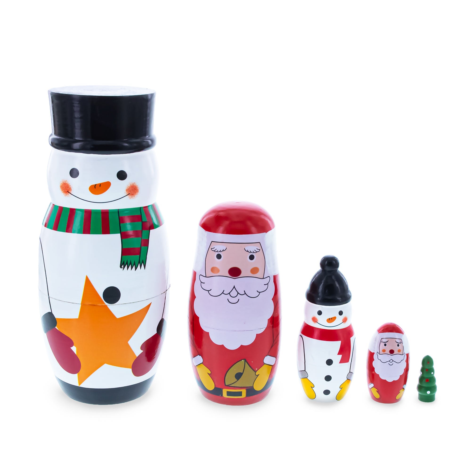 Santa, Snowman & Christmas Tree Wooden Nesting Dolls 5 Inches