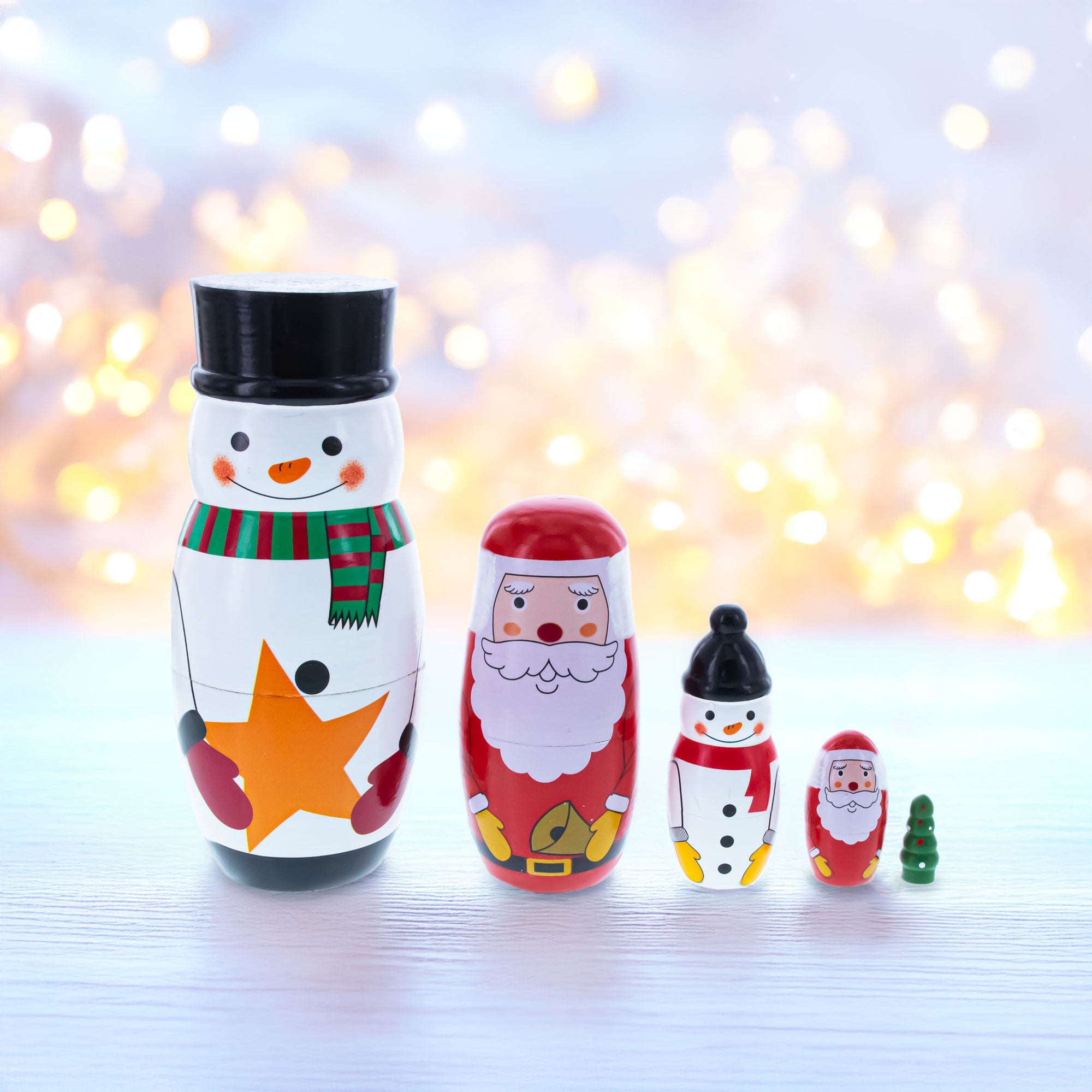 Santa, Snowman & Christmas Tree Wooden Nesting Dolls 5 Inches